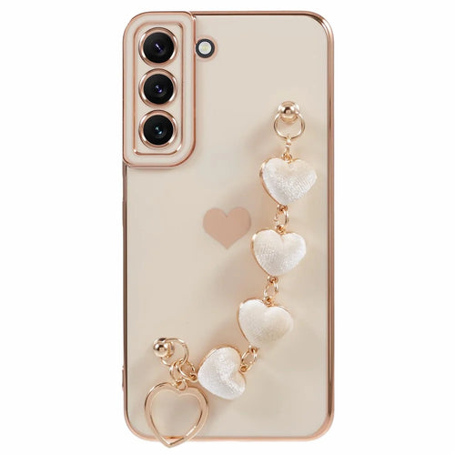 For Samsung Galaxy S22+ 5G Case with Heart Hand Strap TPU Phone Cover Electroplating Edge - White - 1