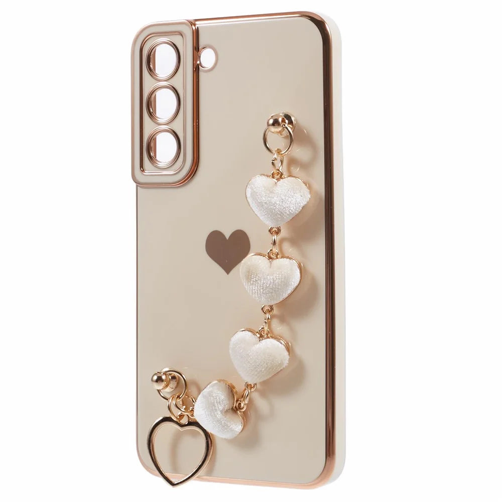 For Samsung Galaxy S22+ 5G Case with Heart Hand Strap TPU Phone Cover Electroplating Edge - White - 3
