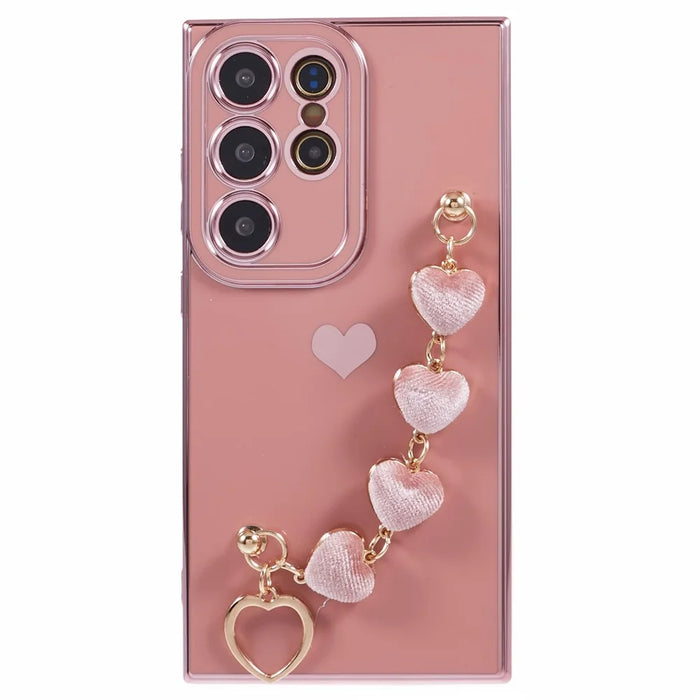 For Samsung Galaxy S22 Ultra 5G Case Heart Pattern Electroplating TPU Cover with Hand Strap - Pink - 1