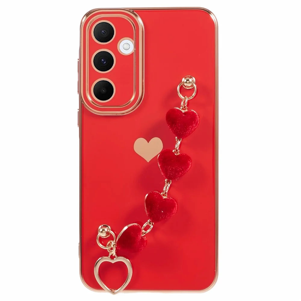 For Samsung Galaxy S23 FE Phone Case Electroplating TPU Back Cover with Heart Hand Strap - Red - 1