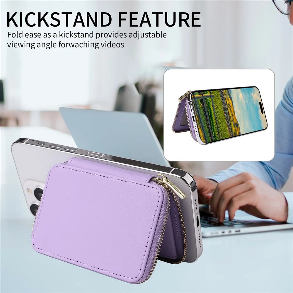 Cell Phone Back Card Bag Kickstand Magnetic Zipper Phone Card Holder - Light Purple - 4