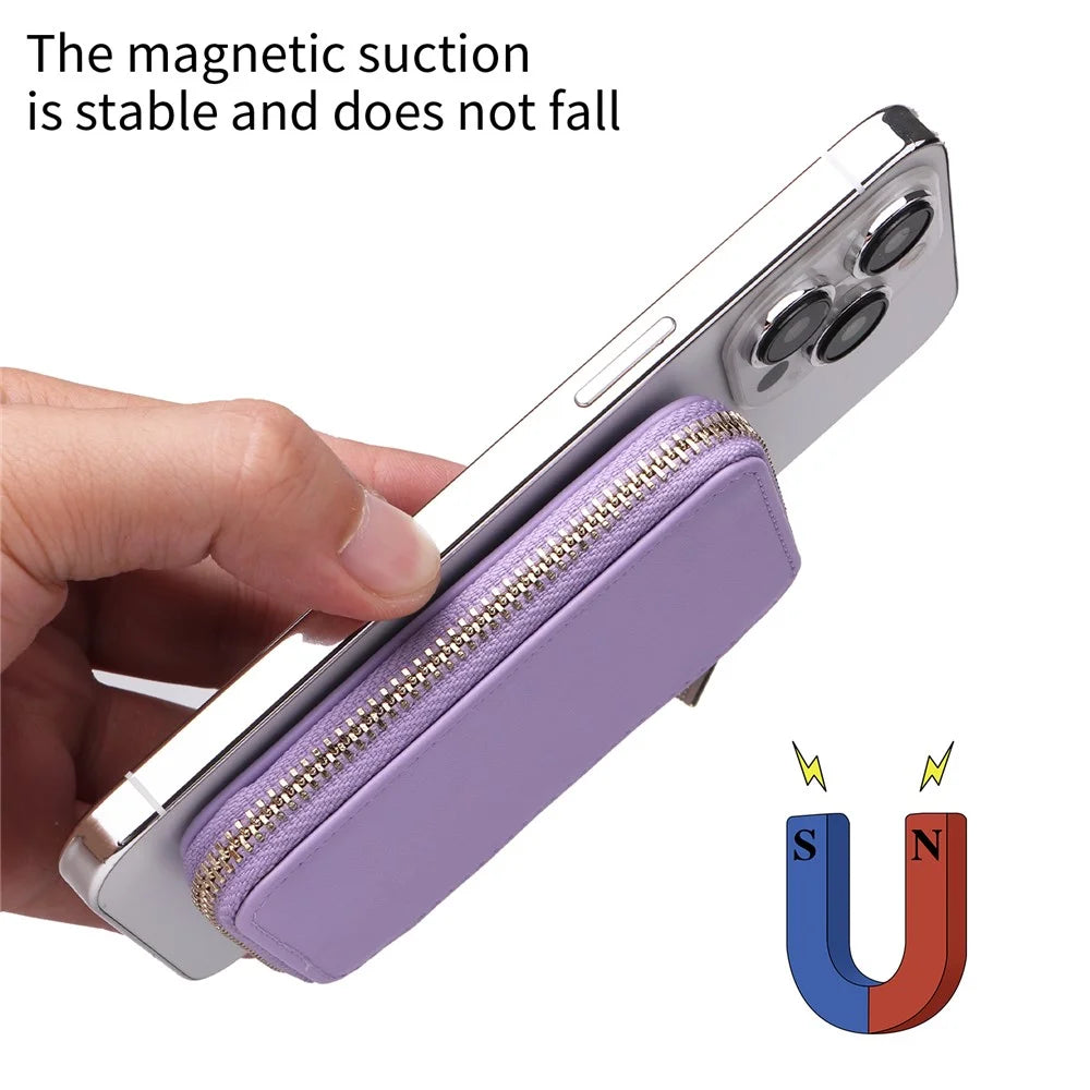 Cell Phone Back Card Bag Kickstand Magnetic Zipper Phone Card Holder - Light Purple - 6