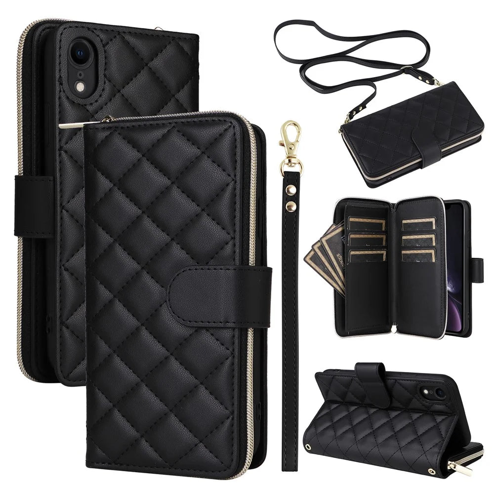 For iPhone XR Case Zipper Wallet Rhombus Leather Crossbody Phone Cover -  Black - 1