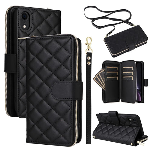 For iPhone XR Case Zipper Wallet Rhombus Leather Crossbody Phone Cover -  Black - 1