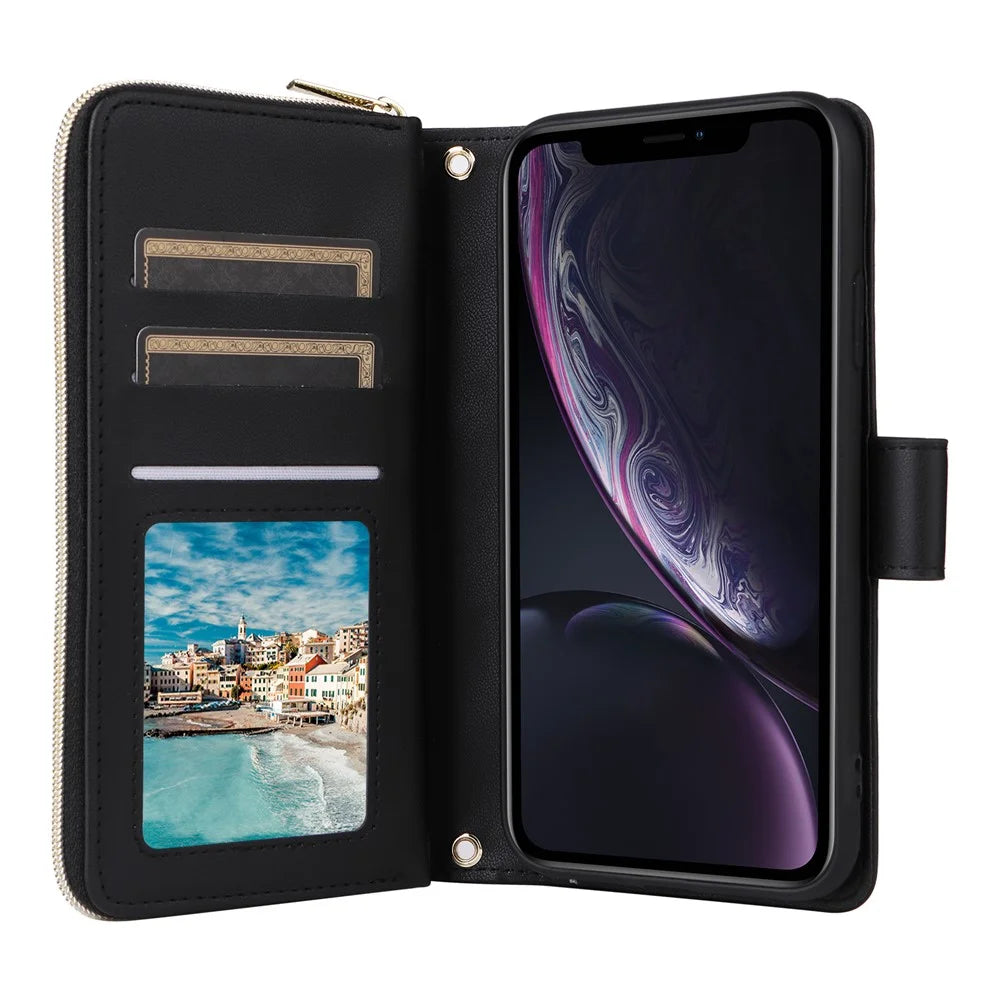 For iPhone XR Case Zipper Wallet Rhombus Leather Crossbody Phone Cover -  Black - 2