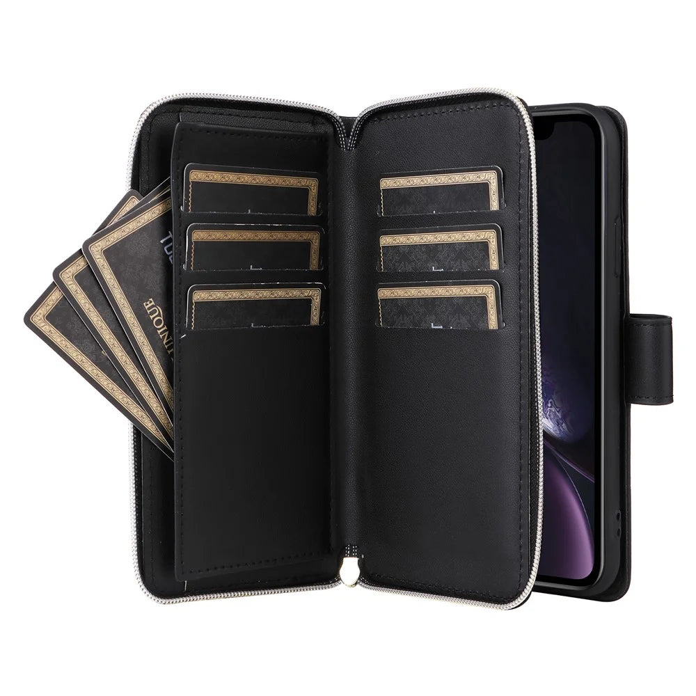 For iPhone XR Case Zipper Wallet Rhombus Leather Crossbody Phone Cover -  Black - 3