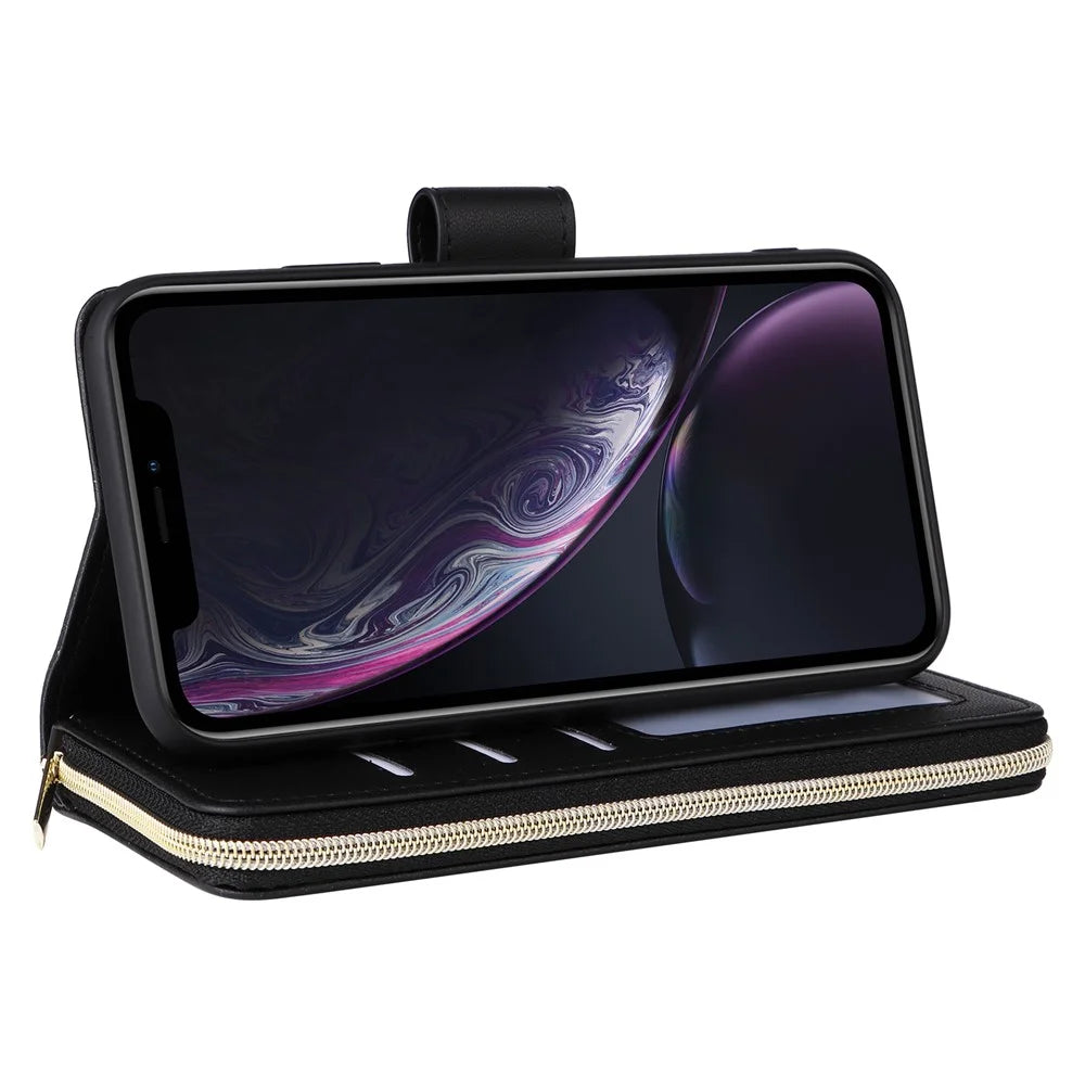 For iPhone XR Case Zipper Wallet Rhombus Leather Crossbody Phone Cover -  Black - 4