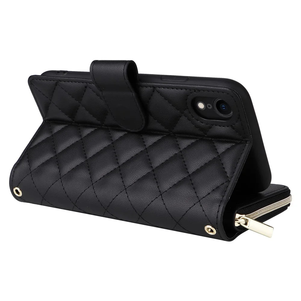 For iPhone XR Case Zipper Wallet Rhombus Leather Crossbody Phone Cover -  Black - 5