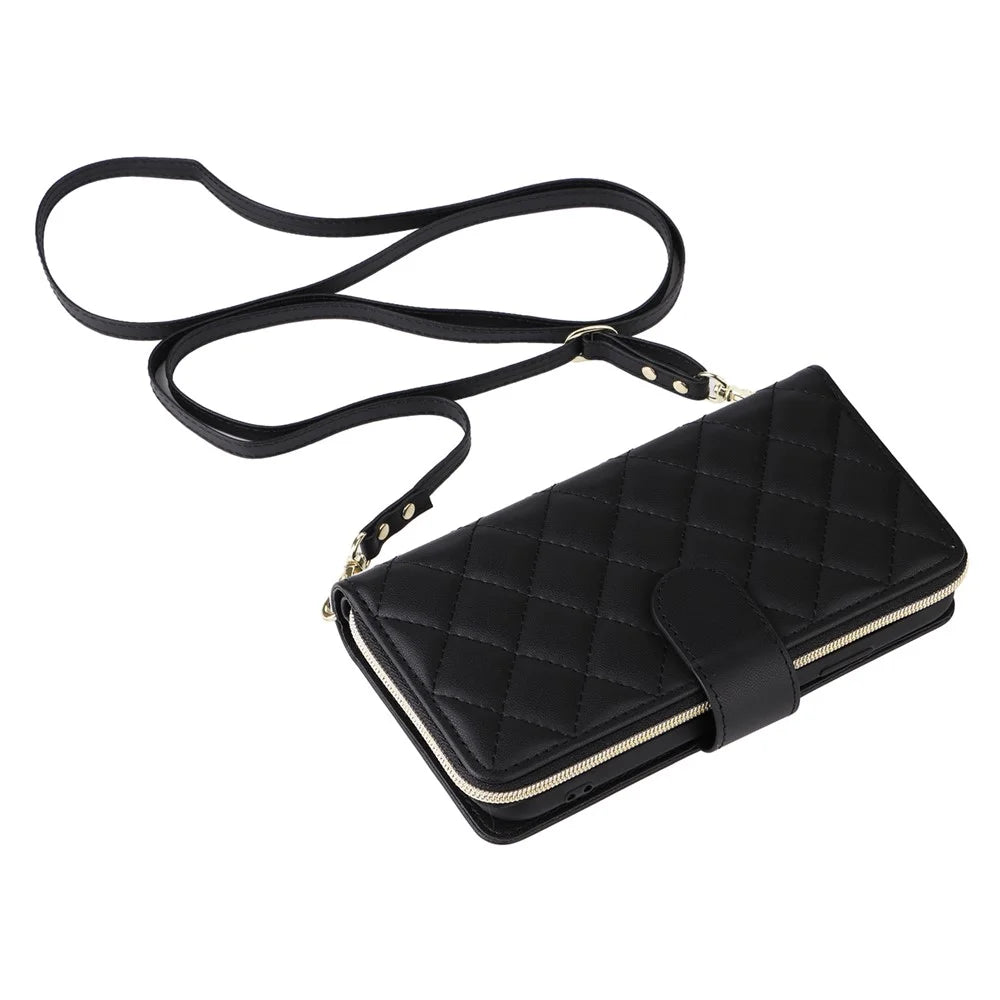 For iPhone XR Case Zipper Wallet Rhombus Leather Crossbody Phone Cover -  Black - 6