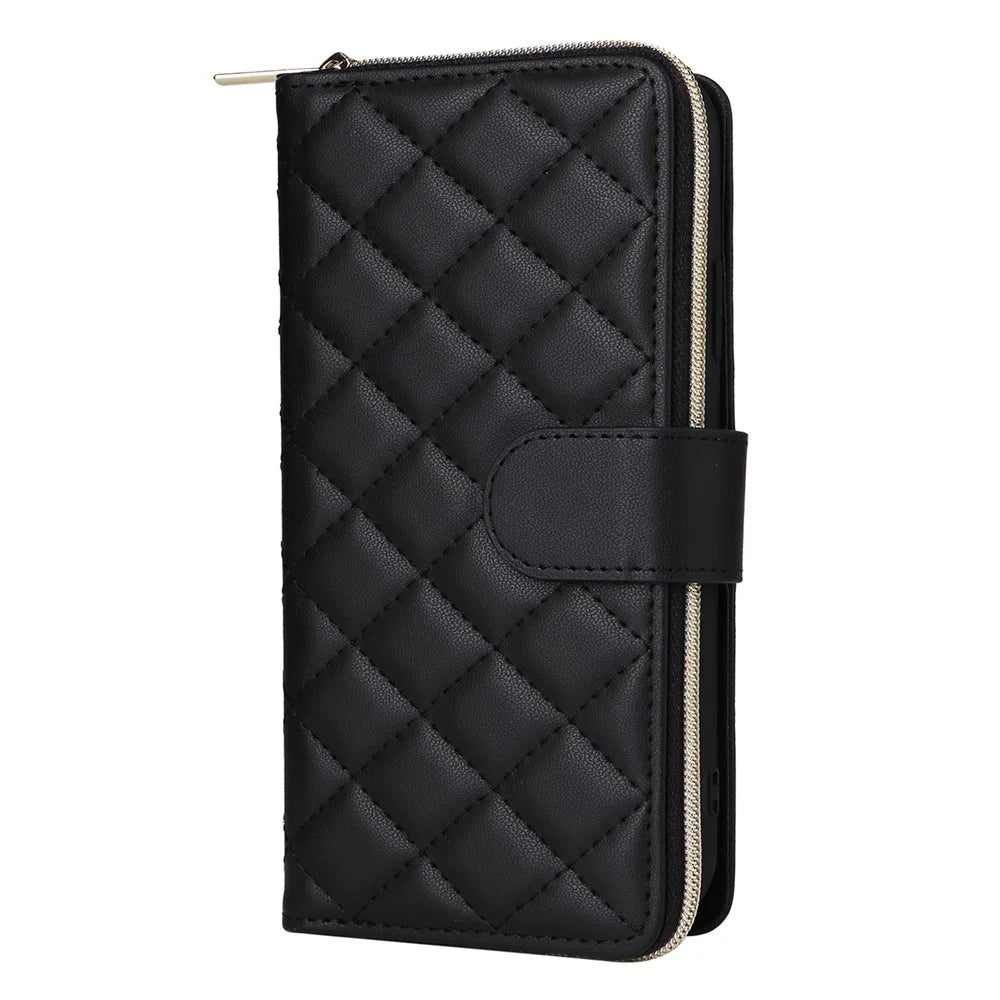 For iPhone XR Case Zipper Wallet Rhombus Leather Crossbody Phone Cover -  Black - 7