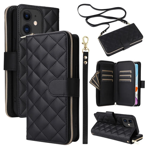 For iPhone 11 Case Leather Zipper Wallet Rhombus Phone Cover with Shoulder Lanyard - Black - 1