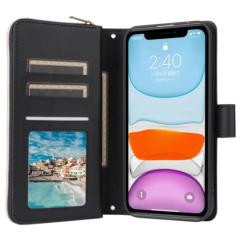 For iPhone 11 Case Leather Zipper Wallet Rhombus Phone Cover with Shoulder Lanyard - Black - 2