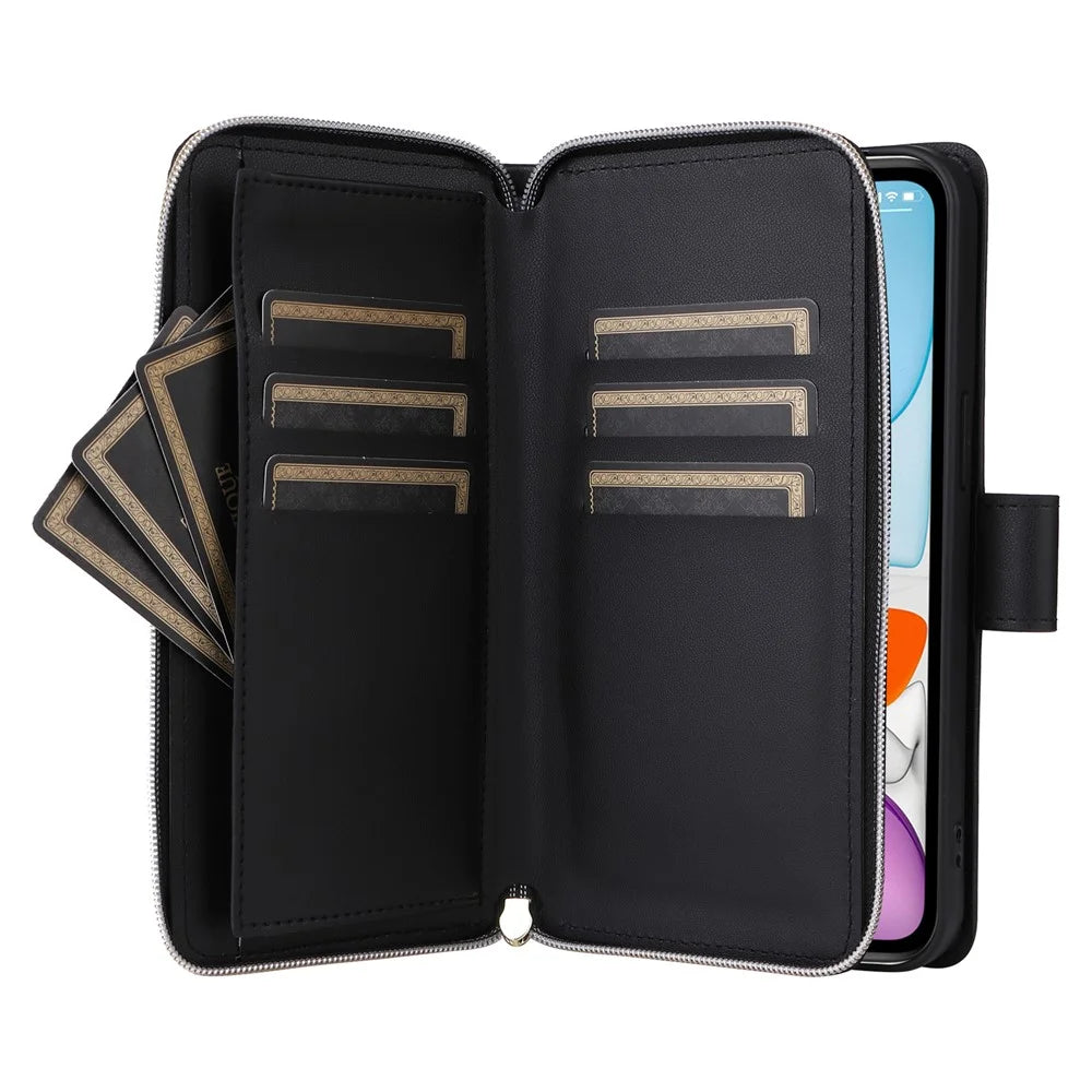 For iPhone 11 Case Leather Zipper Wallet Rhombus Phone Cover with Shoulder Lanyard - Black - 3