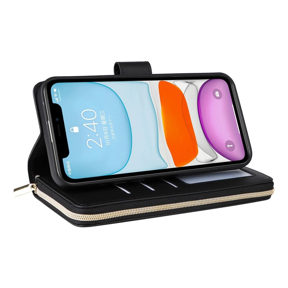 For iPhone 11 Case Leather Zipper Wallet Rhombus Phone Cover with Shoulder Lanyard - Black - 4