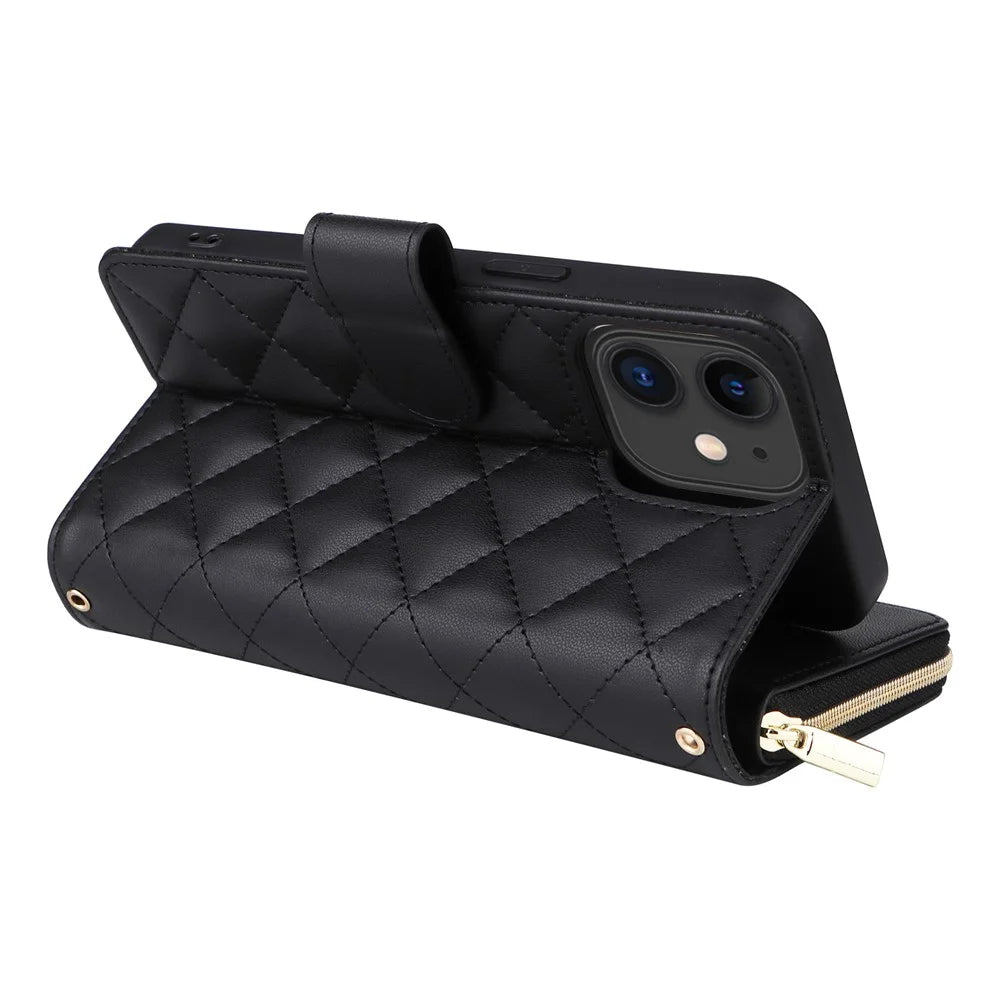 For iPhone 11 Case Leather Zipper Wallet Rhombus Phone Cover with Shoulder Lanyard - Black - 5