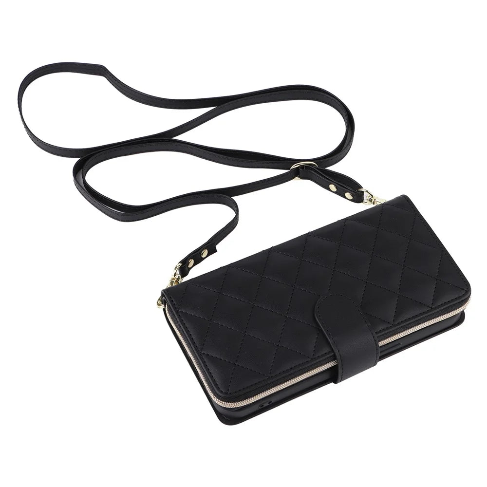 For iPhone 11 Case Leather Zipper Wallet Rhombus Phone Cover with Shoulder Lanyard - Black - 6