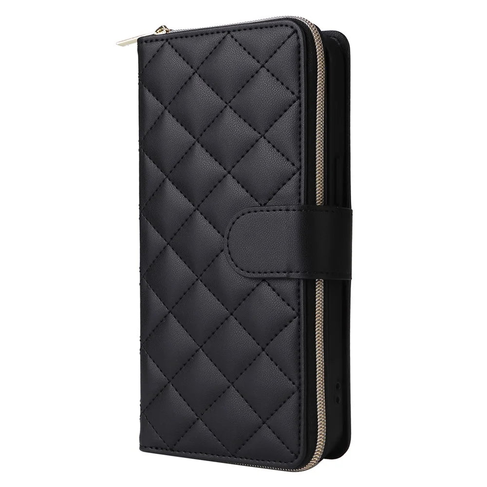 For iPhone 11 Case Leather Zipper Wallet Rhombus Phone Cover with Shoulder Lanyard - Black - 7