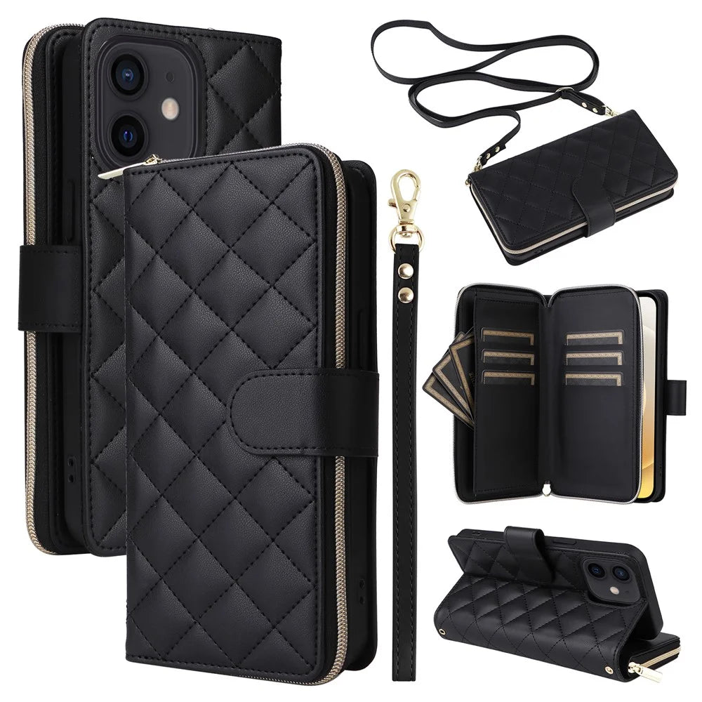 For iPhone 12 mini Zipper Wallet Case Rhombus Leather Handbag Phone Cover - Black - 1