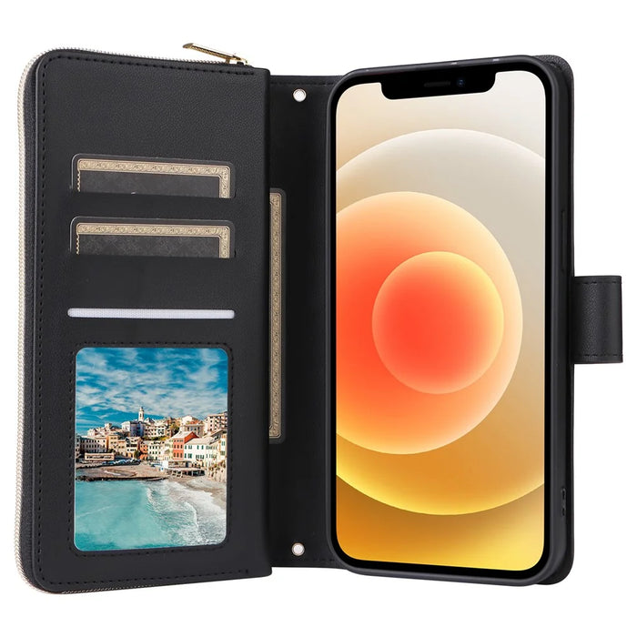 For iPhone 12 mini Zipper Wallet Case Rhombus Leather Handbag Phone Cover - Black - 2