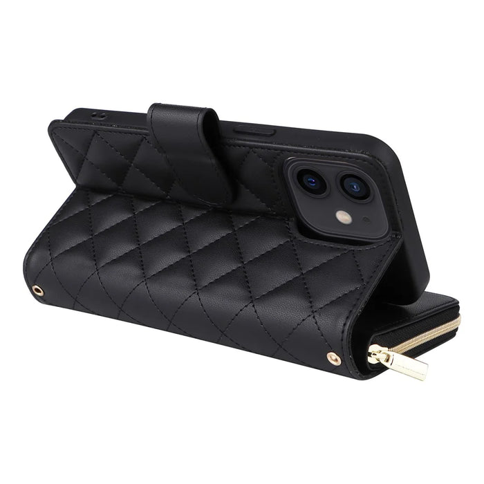 For iPhone 12 mini Zipper Wallet Case Rhombus Leather Handbag Phone Cover - Black - 5
