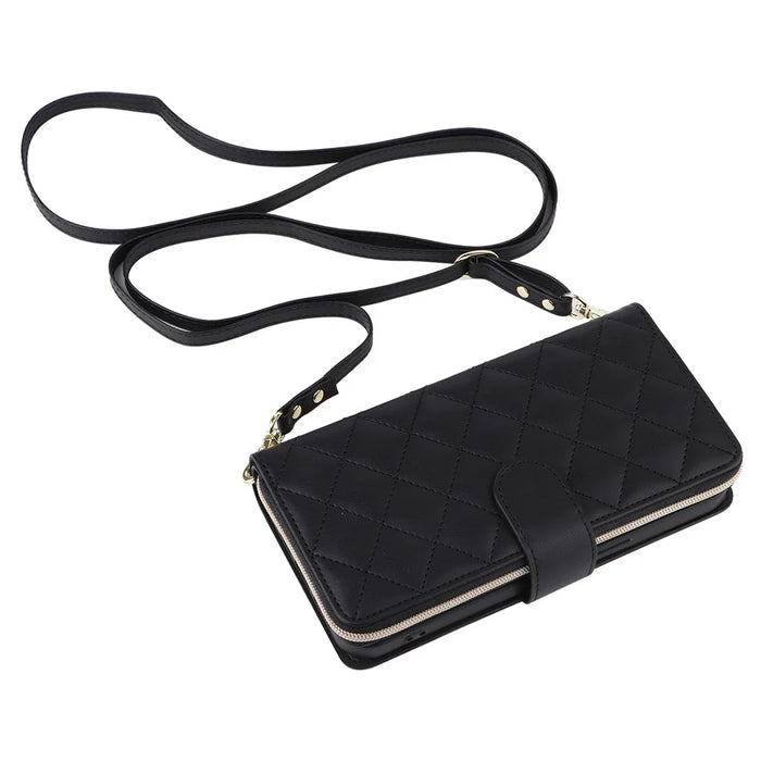 For iPhone 12 mini Zipper Wallet Case Rhombus Leather Handbag Phone Cover - Black - 6