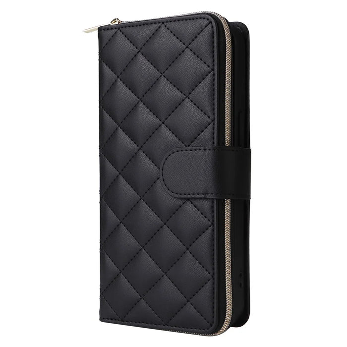 For iPhone 12 mini Zipper Wallet Case Rhombus Leather Handbag Phone Cover - Black - 7