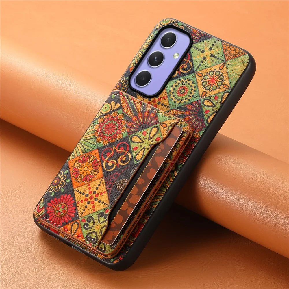 For Samsung Galaxy A55 5G Kickstand Cases Floral Pattern PU+TPU+PC Phone Cover Card Holder - Autumn / Yellow - 6