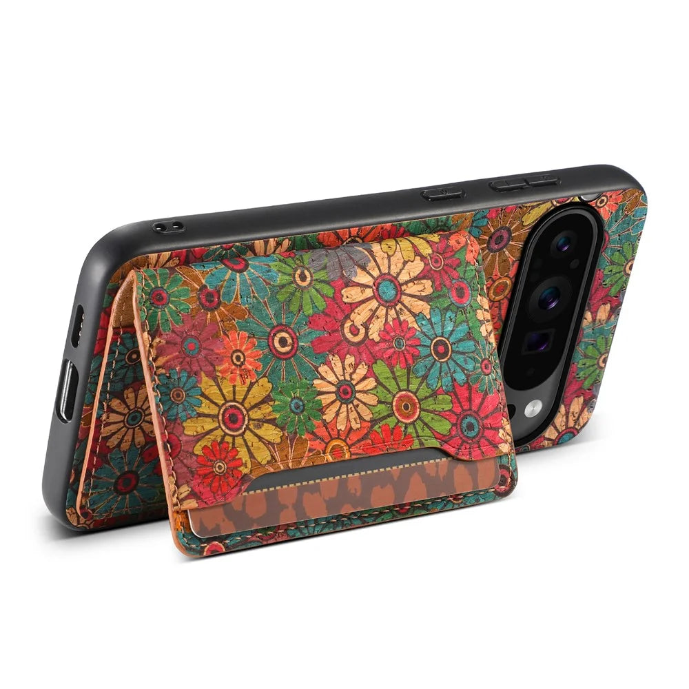 For Google Pixel 9 Pro / Pixel 9 Kickstand Cases Floral Pattern Card Slot PU+TPU+PC Phone Cover - Spring / Green - 2