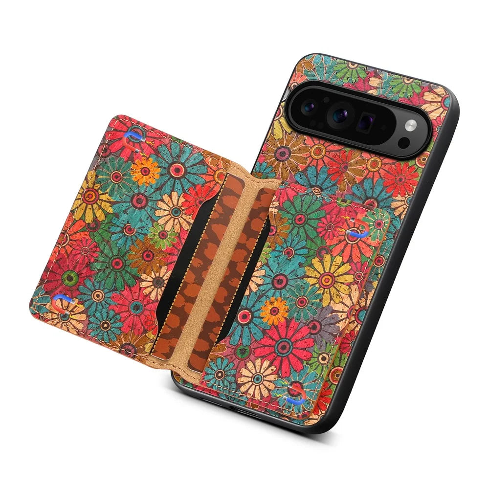 For Google Pixel 9 Pro / Pixel 9 Kickstand Cases Floral Pattern Card Slot PU+TPU+PC Phone Cover - Spring / Green - 3