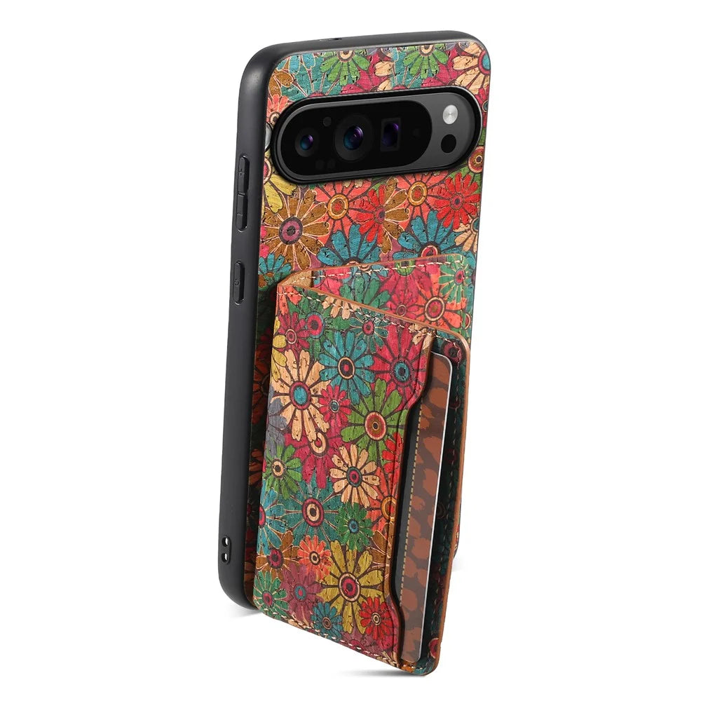 For Google Pixel 9 Pro / Pixel 9 Kickstand Cases Floral Pattern Card Slot PU+TPU+PC Phone Cover - Spring / Green - 4