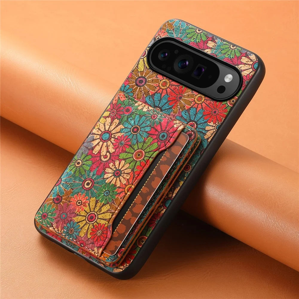 For Google Pixel 9 Pro / Pixel 9 Kickstand Cases Floral Pattern Card Slot PU+TPU+PC Phone Cover - Spring / Green - 6