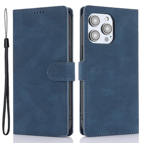 For iPhone 16 Pro Max Case Wallet PU Leather Stand Phone Cover with Wrist Strap - Blue - 1