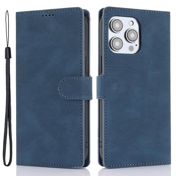 For iPhone 16 Pro Max Case Wallet PU Leather Stand Phone Cover with Wrist Strap - Blue - 1