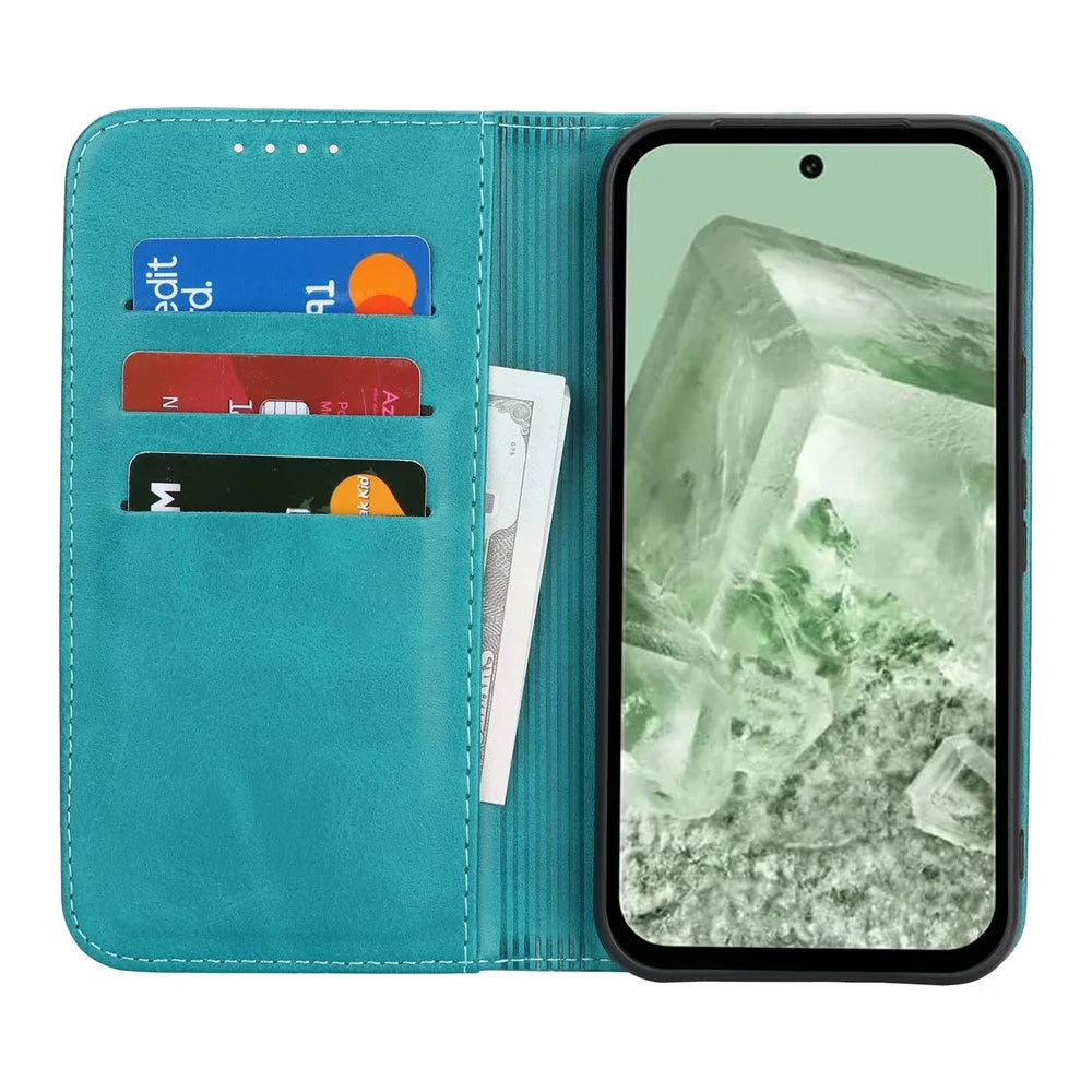 For Google Pixel 8a Case PU Leather Calf Textured Magnetic Closing Smart Phone Cover - Sky Blue - 2