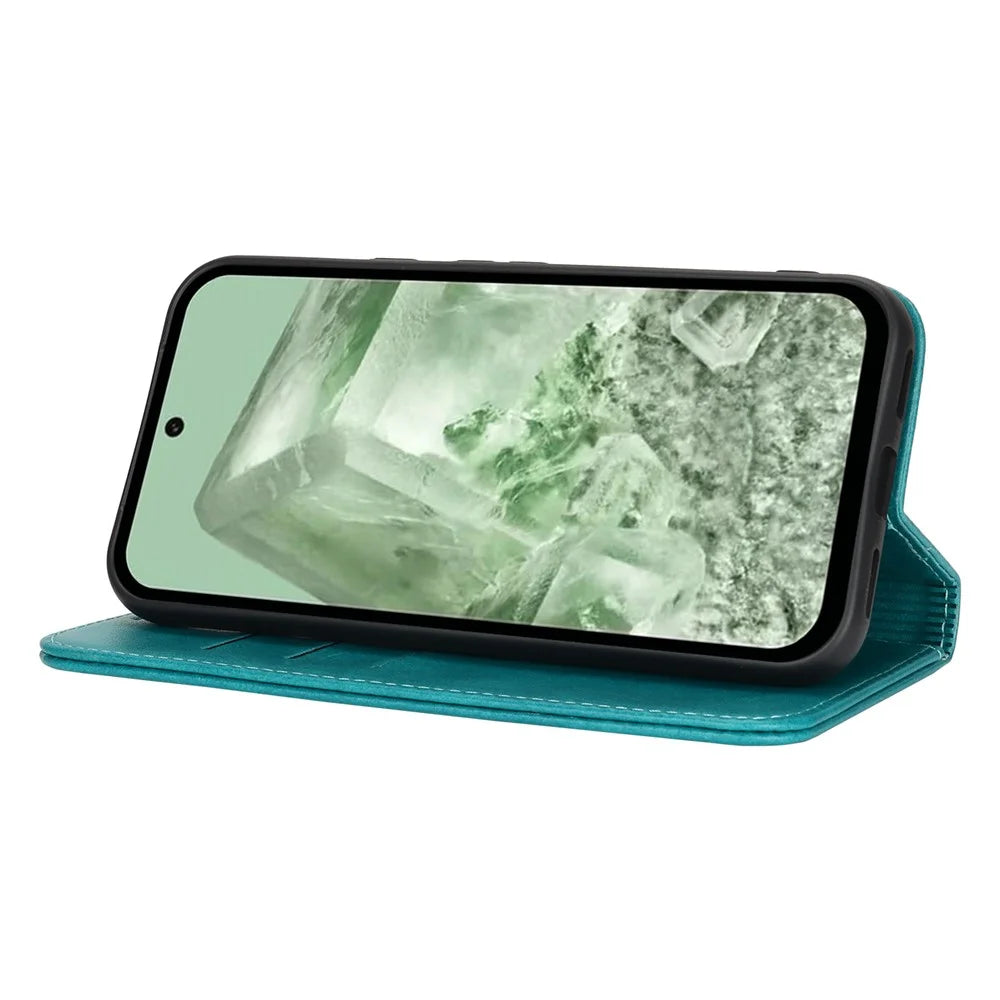 For Google Pixel 8a Case PU Leather Calf Textured Magnetic Closing Smart Phone Cover - Sky Blue - 3