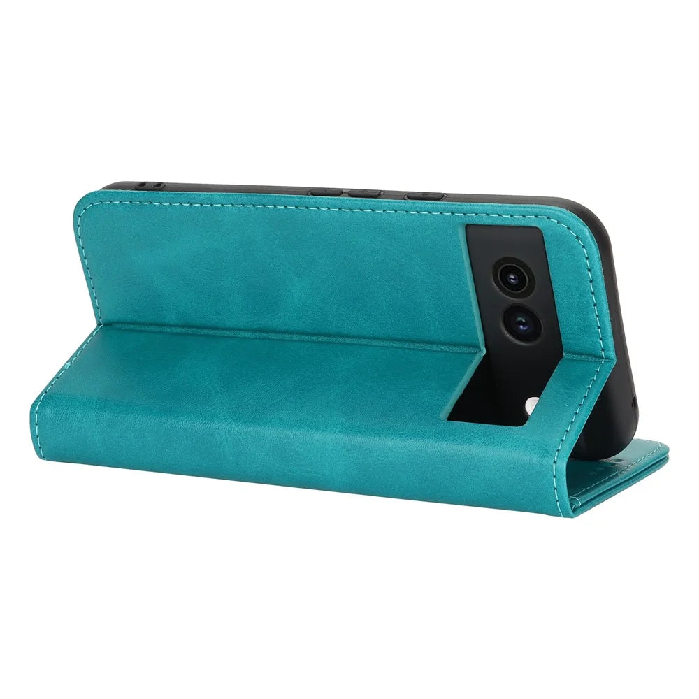 For Google Pixel 8a Case PU Leather Calf Textured Magnetic Closing Smart Phone Cover - Sky Blue - 4