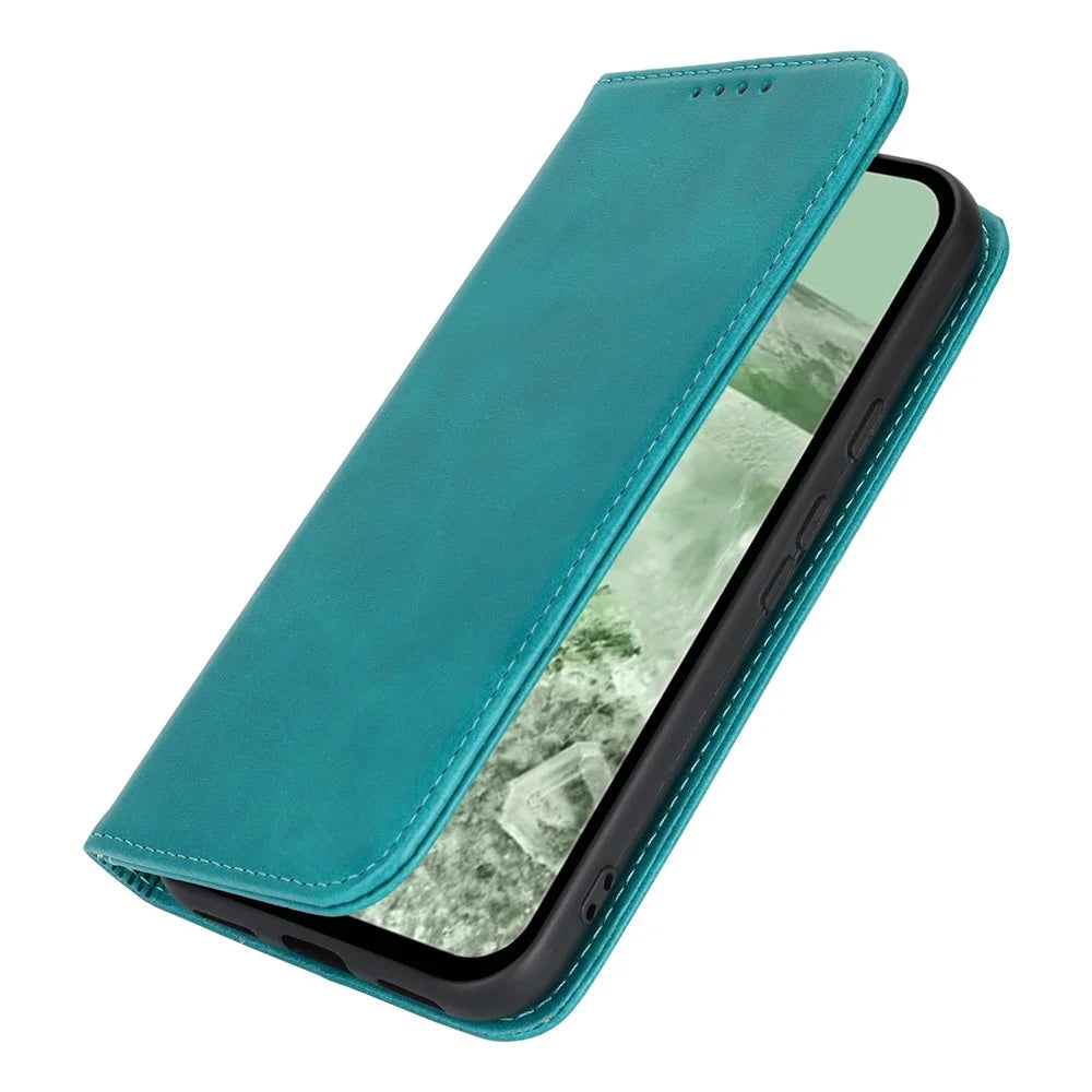 For Google Pixel 8a Case PU Leather Calf Textured Magnetic Closing Smart Phone Cover - Sky Blue - 5