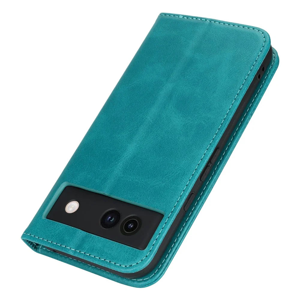 For Google Pixel 8a Case PU Leather Calf Textured Magnetic Closing Smart Phone Cover - Sky Blue - 6