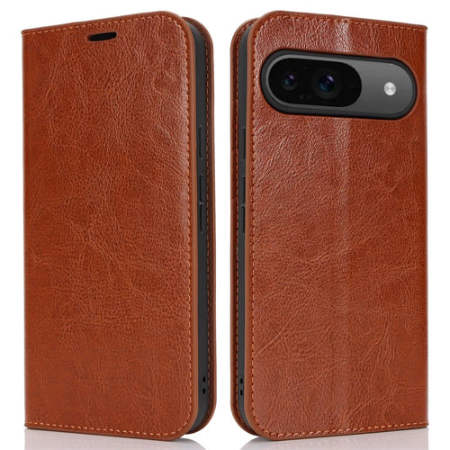 For Google Pixel 9 / 9 Pro Case Crazy Horse Texture Split Leather Wallet Phone Cover - Light Brown - 1