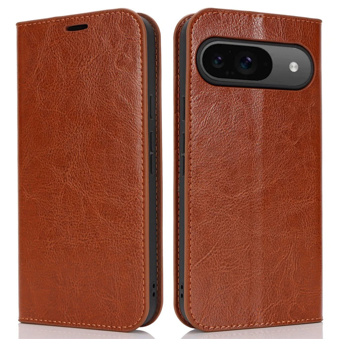 For Google Pixel 9 / 9 Pro Case Crazy Horse Texture Split Leather Wallet Phone Cover - Light Brown - 1