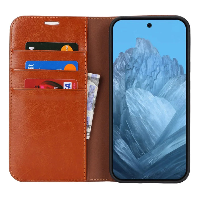 For Google Pixel 9 / 9 Pro Case Crazy Horse Texture Split Leather Wallet Phone Cover - Light Brown - 2