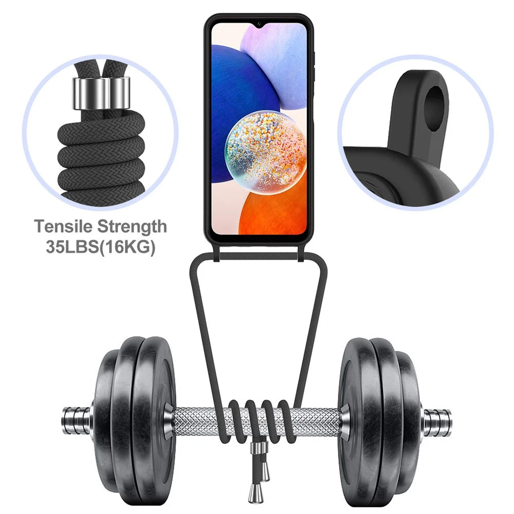 For Samsung Galaxy A14 4G / 5G Case Card Holder Liquid Silicone Phone Cover with Lanyard -  Black - 7