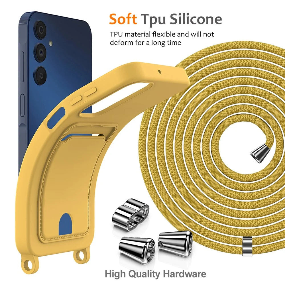 For Samsung Galaxy A24 4G (162.1 X 77.6 X 8.3mm) Case with Card Slot Liquid Silicone Crossbody Phone Cover - Yellow - 2