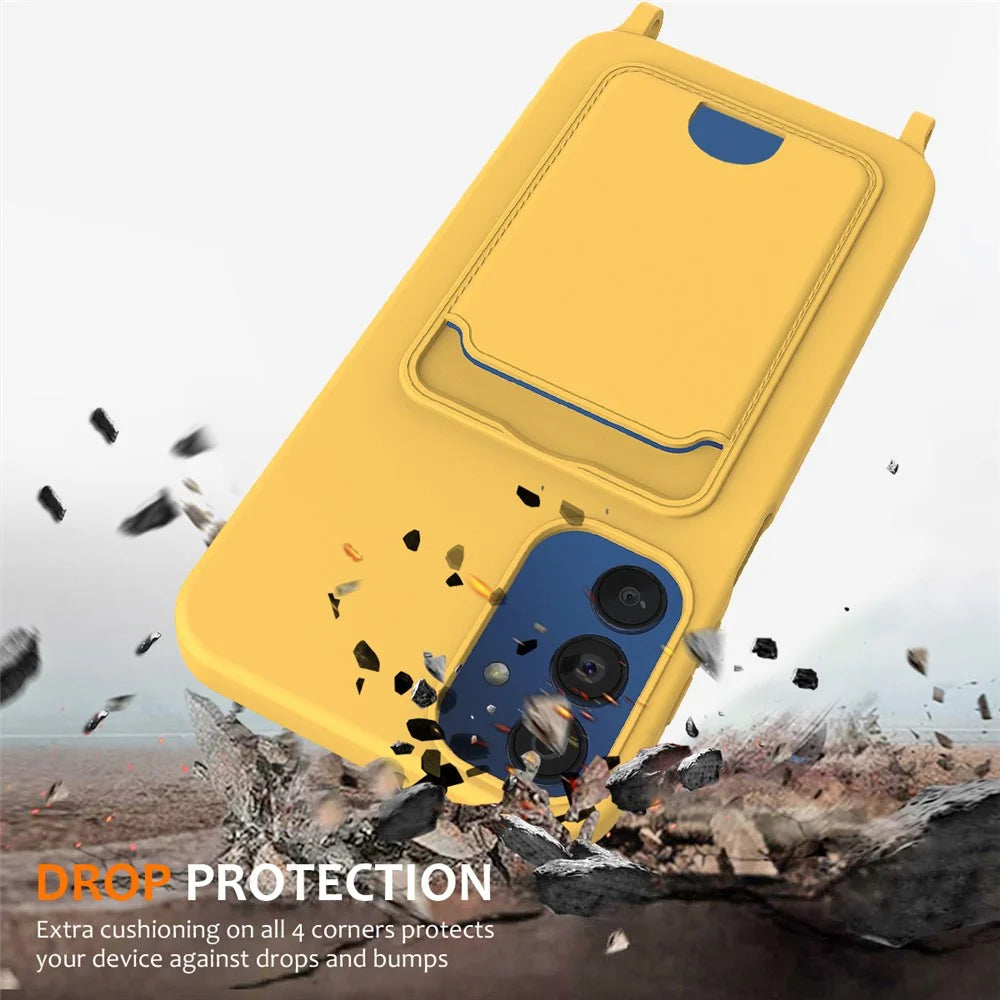 For Samsung Galaxy A24 4G (162.1 X 77.6 X 8.3mm) Case with Card Slot Liquid Silicone Crossbody Phone Cover - Yellow - 3