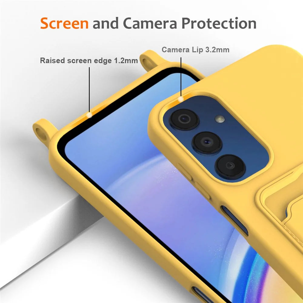 For Samsung Galaxy A24 4G (162.1 X 77.6 X 8.3mm) Case with Card Slot Liquid Silicone Crossbody Phone Cover - Yellow - 6