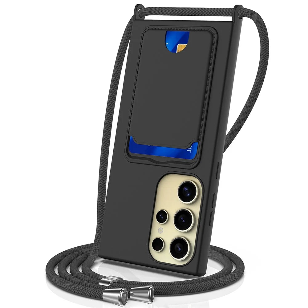 For Samsung Galaxy S23 Ultra Case with Lanyard Card Slot Liquid Silicone Phone Cover - Black - 1