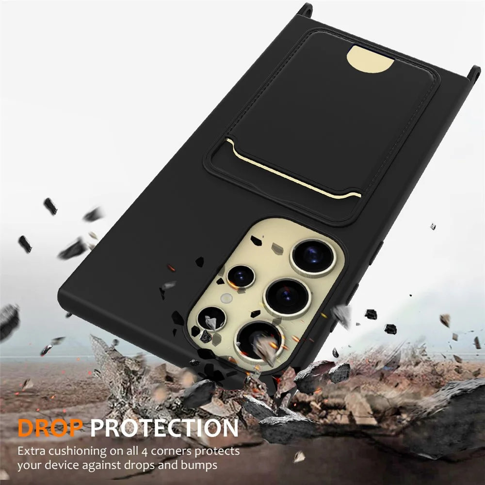 For Samsung Galaxy S23 Ultra Case with Lanyard Card Slot Liquid Silicone Phone Cover - Black - 3