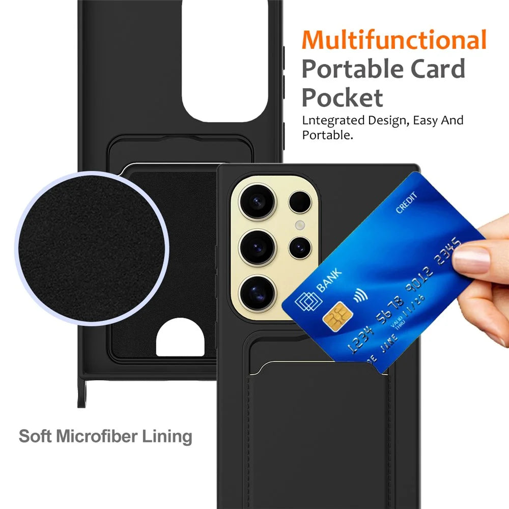 For Samsung Galaxy S23 Ultra Case with Lanyard Card Slot Liquid Silicone Phone Cover - Black - 5