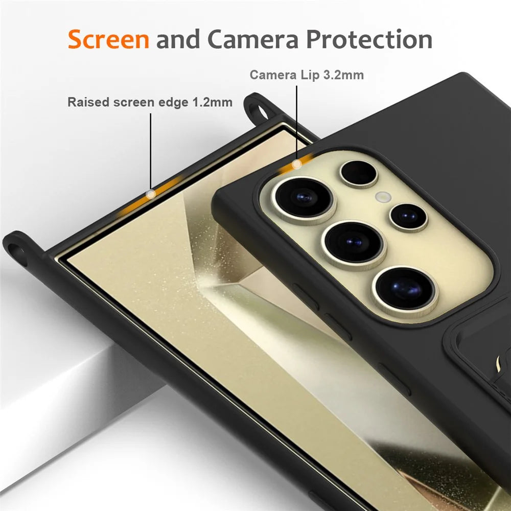 For Samsung Galaxy S23 Ultra Case with Lanyard Card Slot Liquid Silicone Phone Cover - Black - 6