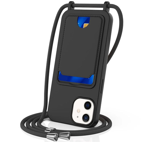For iPhone 12 Case Crossbody Strap Liquid Silicone Phone Cover with Card Slot - Black - 1
